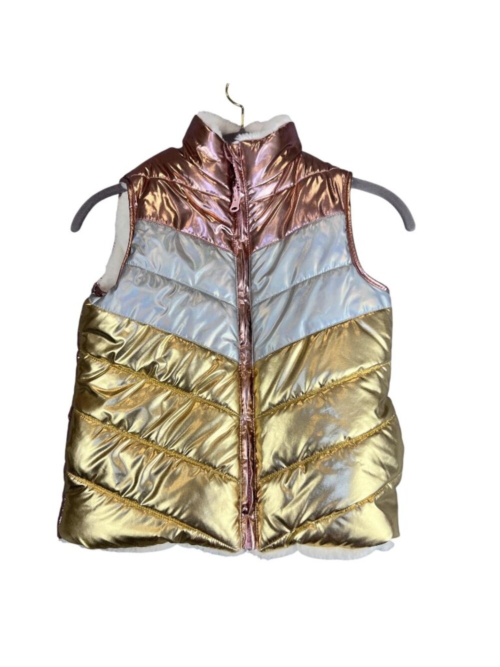 Girls S Epic Threads Reversible Metallic Gold Pink Faux Fur Vest Warm Layering